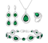 Ever Faith Costume Prom Jewellery Set for Women, Created Emerald Birthstone CZ Necklace Earrings Bracelet Ring Sets for Birthday/Mother's Day Gifts for Mom/Wife/Sister/Best Friend Green Silver-Tone