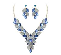 Ever Faith Costume Prom Jewelry Rhinestone Crystal Marquise Cluster Flower Leaf Wedding Statement Necklace Dangle Earrings Set for Women Bridesmaid Blue Gold-Tone