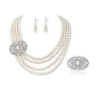 Ever Faith Crystal Ivory Multilayer Simulated Pearl Bridal Jewelry Set, 1920s Vintage Gatsby Chandelier Necklace with Brooch, Elegant Necklace Earrings Hair Comb Set for Woman