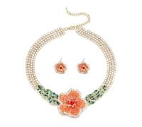 Ever Faith Crystal Orange Flower Collar Necklace, Gold Plated Layered Tennis Chain Spring Blooming Rose Leaf Statement Choker Necklaces Stud Earrings Wedding Prom Jewellery for Women