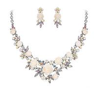 Ever Faith Crystal Simulated Pearl Rose Flower Leaf Necklace Pierced Earrings Set Iridescent Clear AB Silver-Tone