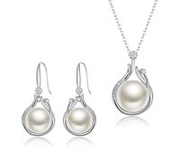 Ever Faith Cubic Zirconia and Freshwater Pearl Curved Pendant Necklace with Dangle Hook Earrings Set