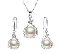 Ever Faith Cubic Zirconia and Freshwater Pearl Single Row Pendant Necklace and Dangle Hook Earrings Set