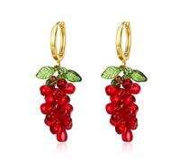 EVER FAITH Cute Fruit 3D Red Grape Green Leaf Drop Dangle Earrings for Women, Summer Baech Acrylic Bead Hook Earring Vocation Jewellery Gold-Tone
