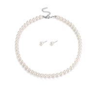 Ever Faith Dainty 8mm Cream Round Imitation Pearl Strand Necklace Stud Earrings Delicate Wedding Costume Prom Faux Pearls Jewelry for Women Bride