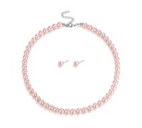 Ever Faith Dainty 8mm Pink Round Imitation Pearl Strand Necklace Stud Earrings Delicate Wedding Costume Prom Faux Pearls Jewelry for Women Bride