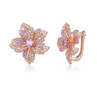 EVER FAITH Elegant Rose Gold Plated Purple Cubic Zirconia Maple Flower Hinged Hoop Stud Earrings Autumn Hypoallergenic Prom Wedding Jewellery for Women Bridesmaid