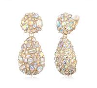 EVER FAITH Glamour Rhinestone Statement Clip-on Earrings for Wedding, Fashion Chic Marquise Water Drop Crystal Dangle Earrings Wedding Party for Women Girls Iridescent AB Gold-Tone