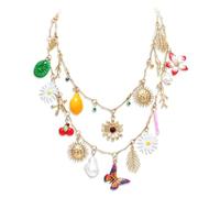 Ever Faith Gold 2 Layered Multi Charm Necklace, Colorful Ocean Summer Chunky Collar Strand Necklaces with Freshwater Pearl Butterfly Daisy Sun Flower Leaf Fruit Charms Boho Beach Jewellery for Women
