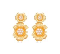 EVER FAITH Gold Flower Earrings for Women, Double Floral Golden Statement Drop Dangle Earring Boho Jewellery Gifts for Wedding Prom Party Summer Beach Holiday Hypoallergenic