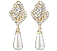 EVER FAITH Gold-Tone Austrian Crystal Cream Simulated Pearl Flower Bud Clip-on Dangle Earrings Clear