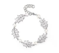 Ever Faith Gorgeous White Marquise Cubic Zirconia Faux Pearl Elegant Cluster Leaf Wedding Party Jewellery Bridal Prom Bracelet for Women Bride