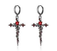 EVER FAITH Gothic Cross Earrings for Women, Halloween Punk Rock Red Rose Flower Black Cross Dangle Hoop Earring Costume Jewellery