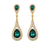 EVER FAITH Green Crystal Teardrop Dangle Earrings for Women Girls, Sparkly Rhinestone Vintgae Statement Drop Pierced Earring Wedding Prom Birthday Party Jewellery for Brides Bridal Gold-Tone