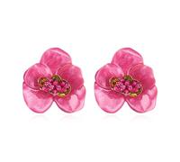 EVER FAITH Hot Pink Enamel Flower Statement Stud Earrings for Women, Boho Style Large Floral Petal Earring Summer Beach Holiday Hypoallergenic Lightweight Fashion Trendy Jewellery Gifts Gold-Tone
