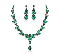 Ever Faith Marquise Crystal Party Jewelry for Bridesmaid, Costume Accessory Rhinestone Cluster Leaf Drop Necklace Dangle Earrings Set for Women Green Gold-Tone