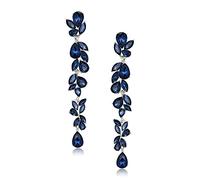 EVER FAITH Navy Blue Rhinestone Chandelier Earrings for Women, Wedding Bridal Crystal Leaf Teardrop Long Dangle Earring Silver-Tone