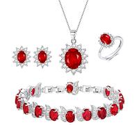 Ever Faith Oval Cubic Zirconia Wedding Jewelry Set, Birthstone Pendant Necklace Earrings Tennis Bracelet Open Ring Set for Birthday/Mother's Day Gifts for Mom/Wife/Sister Red Silver-Tone