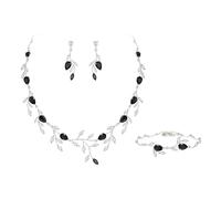 Ever Faith Party Jewellery Set for Women, Sparkly Cubic Zirconia Pear-Shaped Birthstone Leaf Necklace Tennis Bracelet Earrings Set for Prom Black Silver-Tone