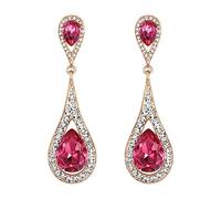 EVER FAITH Pink Crystal Teardrop Dangle Earrings for Women Girls, Sparkly Rhinestone Vintgae Statement Drop Pierced Earring Wedding Prom Birthday Party Jewellery for Brides Bridal Gold-Tone