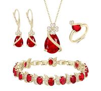 Ever Faith Prom Dress Accessories Clover Jewelry for Prom, Created Gemstone Ruby CZ Gold Plated Necklace Earrings Tennis Bracelet Open Ring Set Anniversary/Birthday Gift for Women Mom Wife