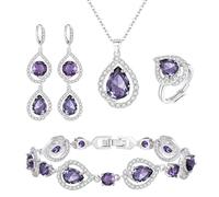 Ever Faith Prom Pear Shaped Cubic Zirconia Jewellery Set, February Birthstone Created Gemstone Pendant Necklace Dangle Earrings Tennis Bracelet Open Ring Set for Women Purple Silver-Tone