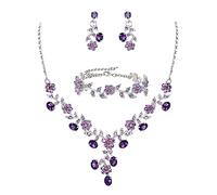 Ever Faith Purple Jewellery Sets for Women, Sparkly Rhinetone Crystal Flower Leaf Costume Party Wedding Necklace Earrings Bracelet Set for Brides Bridal
