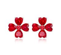 EVER FAITH Red Crystal Four Leaf Clover Stud Earrings, Heart Shaped Rhinestone Irish Shamrock Earrings Silver-Tone