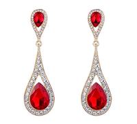 EVER FAITH Red Crystal Teardrop Dangle Earrings for Women Girls, Sparkly Rhinestone Vintgae Statement Drop Pierced Earring Wedding Prom Birthday Party Jewellery for Brides Bridal Gold-Tone