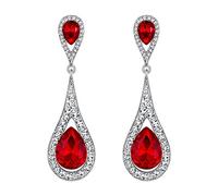 EVER FAITH Red Crystal Teardrop Dangle Earrings for Women Girls, Sparkly Rhinestone Vintgae Statement Drop Pierced Earring Wedding Prom Birthday Party Jewellery for Brides Bridal Silver-Tone