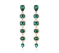 EVER FAITH Rhinestone Art Deco Long Dangle Earrings, Bling Round Square Oval-cut Teardrop Crystal Prom Pierced Earrings for Women Green Gold-Tone