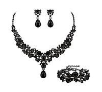 Ever Faith Rhinestone Bridal Jewelry Sets, Sparkly Crystal Teardrop Flower Cluster Statement Chunky Necklace Earrings Bracelet Set Black Black-Tone
