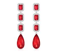 EVER FAITH Rhinestone Crystal Costume Party Jewellery Fashion Rectangular Teardrop Chandelier Bridal Dangle Long Earrings for Women Bride Bridesmaids Red Silver-Tone