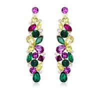 EVER FAITH Rhinestone Crystal Fashion Mardi Gras Cluster Earrings, Carnival Holiday Colorful Marquise Teardrop Flower Dangle Earrings for Women Purple Green Yellow Gold-Tone