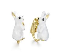 EVER FAITH Rhinestone Crystal Lovely White Enamel Easter Rabbit Clip-on Earrings Funny Bunny Animal Dainty Party Accessory Jewellery for Women Teen