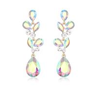EVER FAITH Rhinestone Crystal Wedding Jewellery for Bride Bridesmaid, Elegant Leaf Teardrop Bridal Prom Dangle Earrings for Women Iridescent AB Gold-Tone