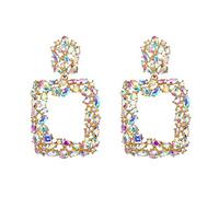 EVER FAITH Rhinestone Geometric Earrings for Women Girls, Sparkly Crystal Large Square Statement Drop Dangle Earrings Iridescent Clear AB Gold-Tone