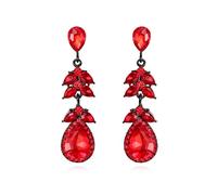 EVER FAITH Ruby Red Crystal Floral Leaf Teardrop Dangle Earrings, Sparkly Rhinestone Drop Earring Wedding Prom Party Jewellery Accessories for Brides Bridesmaid Black-Tone