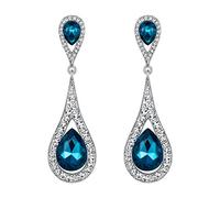 EVER FAITH Sea Blue Crystal Teardrop Dangle Earrings for Women Girls, Sparkly Rhinestone Vintgae Statement Drop Pierced Earring Wedding Prom Birthday Party Jewellery for Brides Bridal Silver-Tone
