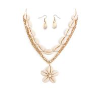 Ever Faith Shell Necklace for Women, Boho Handmade Seashell Layered Flower Pendant Statement Choker Collar Necklaces with Earrings Hawaiian Style Summer Beach Jewellery for Holiday