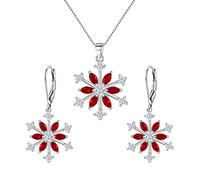 Ever Faith Snowflake Jewerly Sets Sterling Silver Winter Accessory Sparkle Red CZ Flower Necklace Leverback Earrings Set