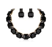 Ever Faith Square Crystal Statement Jewelry Sets for Bride, Sparkly Rhinestone Choker Necklace Earrings Set for Women Black Gold-Tone