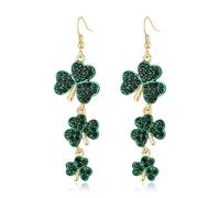 EVER FAITH St. Patrick's Day Accessories Green Crystal Lucky Three Leaf Clover Long Statement Dangle Earrings Irish Holiday Jewelry Gift for Women