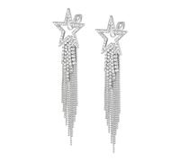 EVER FAITH Star Tassel Clip-on Earrings for Women Girls, Crystal Long Waterfall Beaded Fringe Chandelier Dangle Drop Statement Earring Wedding Party Jewellery Clear Silver-Tone