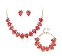 Ever Faith Strawberry Jewellery Set, Cute Fruit Red Strawberry Choker Collar Necklace Stud Earrings Bracelet Sets Costume Jewellery