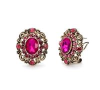 EVER FAITH Vintage Hot Pink Oval Stud Earrings for Women, Victorian Style Rhinestone Crystal Floral Vine Art Deco French Clip Studs Earring Wedding Prom Party for Brides Bridal Antique Gold-Tone