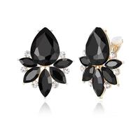 EVER FAITH Vintage Rhinestone Clip On Stud Earrings for Women, Fancy Crystal Cluster Teardrop Art Deco Non Pierced Earring for Wedding Bridal Brides Black Gold-Tone
