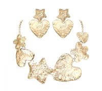 Ever Faith Vintage Style Star Heart Metal Statement Necklace with Earrings for Women, Punk Rock Costume Bib Necklace Jewelry Set Golden Color