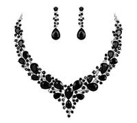 Ever Faith Wedding Bridal Crystal Sparkly Rhinestone Teardrop Cluster Statement Necklace Dangle Earrings Jewellery Set for Women Black Silver-Tone