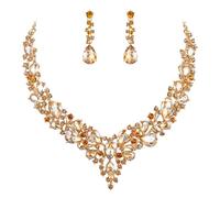 Ever Faith Wedding Bridal Crystal Sparkly Rhinestone Teardrop Cluster Statement Necklace Dangle Earrings Jewellery Set for Women Brown Gold-Tone